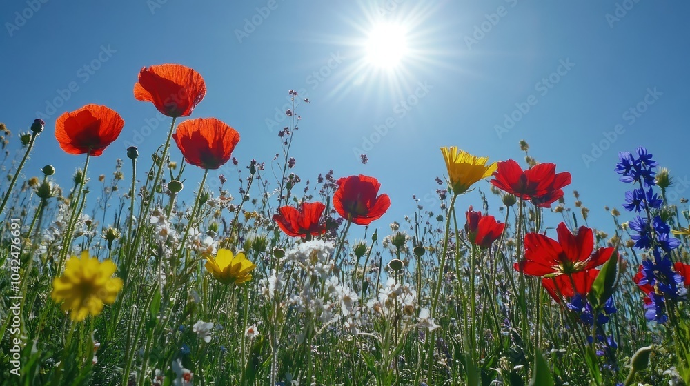 Obraz premium Vibrant Wildflowers Under Bright Blue Sky