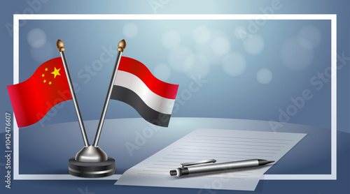 China and Yemen Small national flag on bokeh background, cooperative relationship