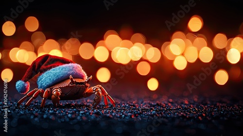 Christmas Background, Crab wearing a Santa hat against a festive bokeh background. photo