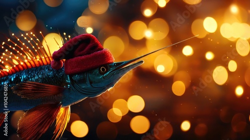 Christmas Background, Fish wearing a festive red Santa hat against a blurred bokeh background.