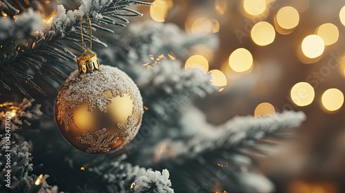 Golden Christmas Ornament on Frosted Pine Branch