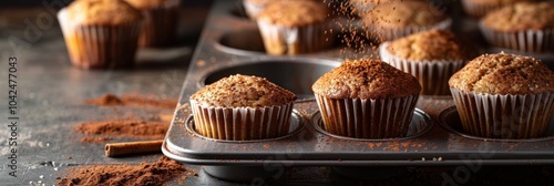 A tray of buckwheat muffins being dusted with a hint of cinnamon adding warmth and depth to their already delicious flavor. photo