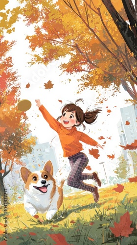 Cute Girl and Corgi Play Frisbee in Autumn Park Anime Style
