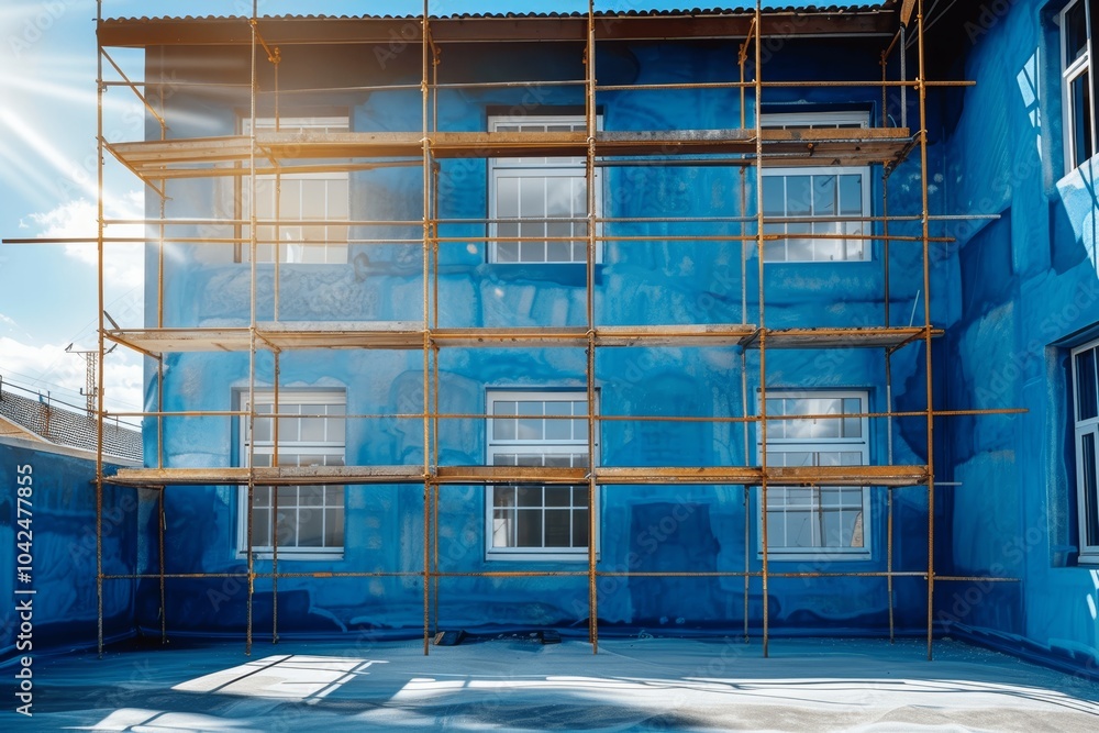 Obraz premium under construction building with scaffolding and blue walls, new house architecture, construction site on sunny day