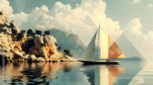 A serene sailboat on calm w...