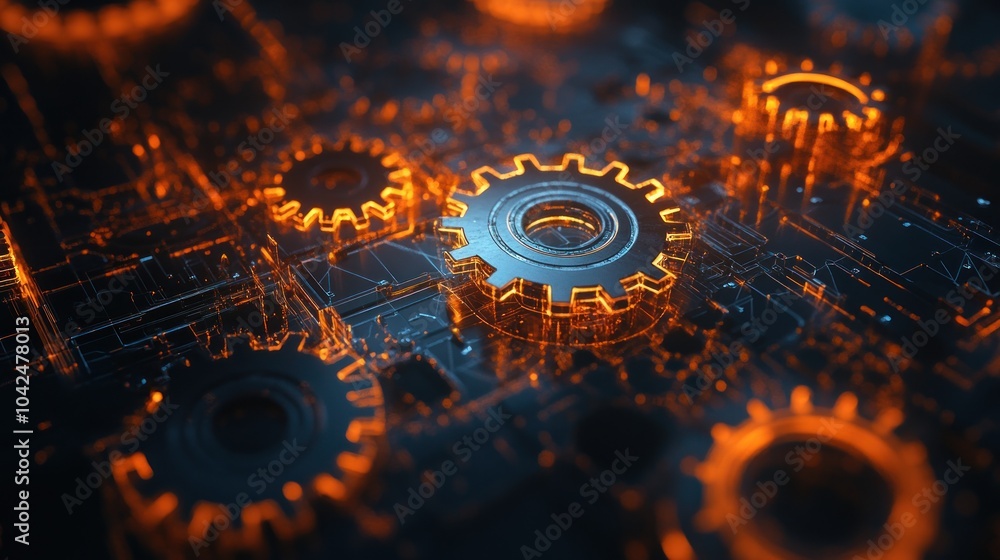 Close-up of glowing metallic gears on a circuit board background. Close-up of glowing metallic gears on a circuit board background.