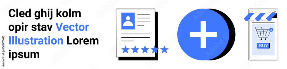 Collection of a user profile with rating stars, a plus symbol, and an online store checkout icon with a blue colour scheme. Ideal for e-commerce, user experience, online ratings, digital shopping Collection of a user profile with rating stars, a plus symbol, and an online store checkout icon with a blue colour scheme. Ideal for e-commerce, user experience, online ratings, digital shopping