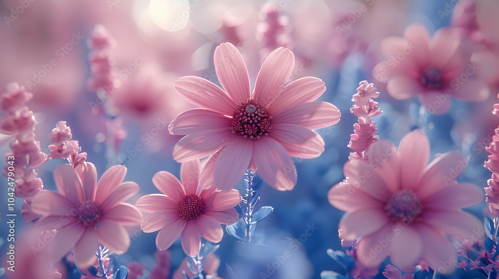 Pink Flowers with Blue Background Illustration Pink Flowers with Blue Background Illustration