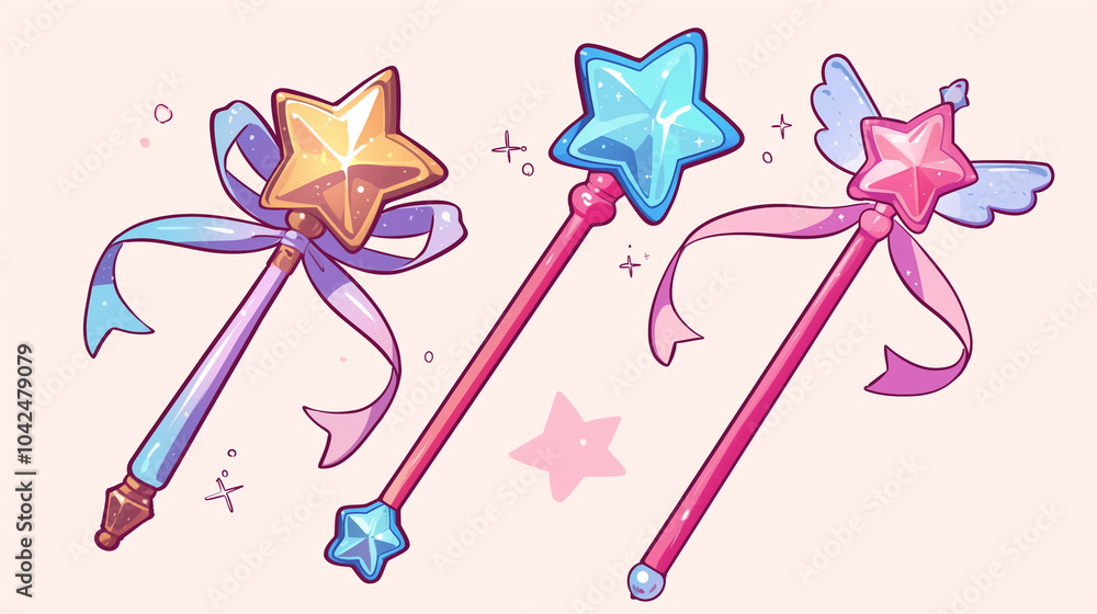 Fototapeta premium Set of 3 Kawaii Magic Star Wands: Cute and Colorful Fantasy Illustration