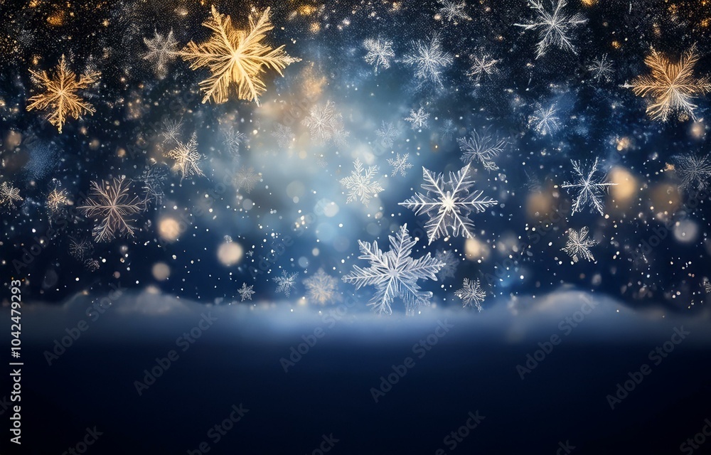 Many snowflakes fall against a dark blue background with shimmering gold and white lights. Many snowflakes fall against a dark blue background with shimmering gold and white lights.
