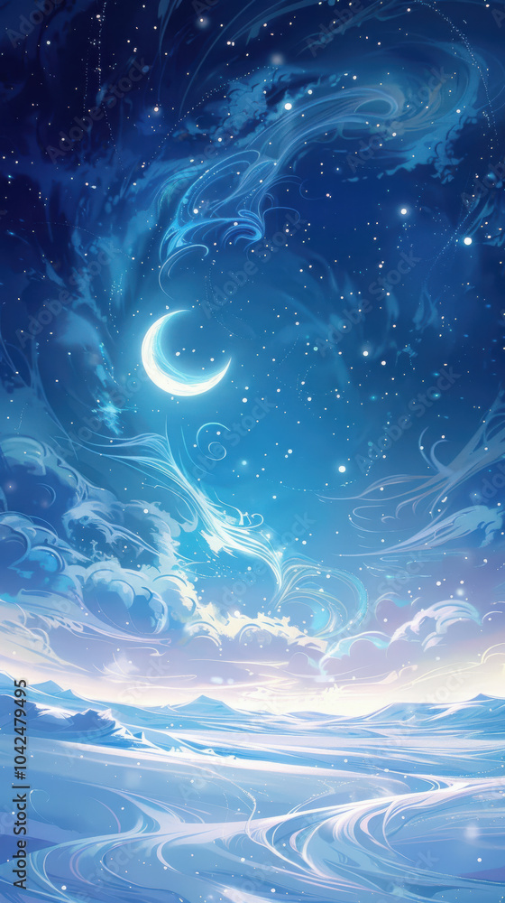 Fototapeta premium Winter Magic: Christmas Background with Frosty Night Sky, Snowstorm, Stars, and Moon, Ideal for New Year and Holiday Cards