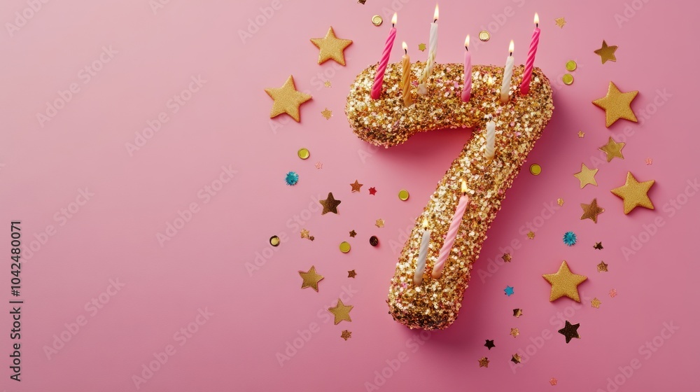 Golden Number Seven Birthday Cake with Candles and Confetti Golden Number Seven Birthday Cake with Candles and Confetti