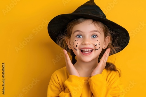 Happy Little Girl in Halloween Disguise Dancing on Yellow Background - Funny Child in Skeleton Costume and Witch Hat with Skull Makeup Having Fun at Halloween Party