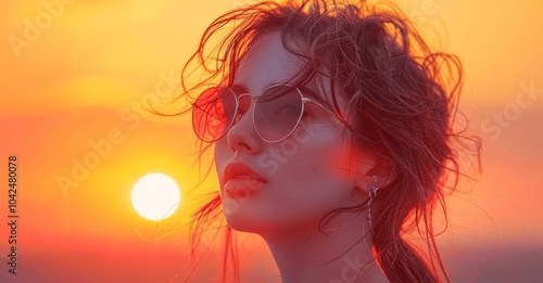 Silhouette of woman in sunglasses at sunset minimalistic portrait against vivid orange and red sky close-up with soft shadows and high detail hyperrealistic summer concept