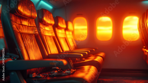 Airplane Interior Seats and Windows at Sunset - 3D Illustration