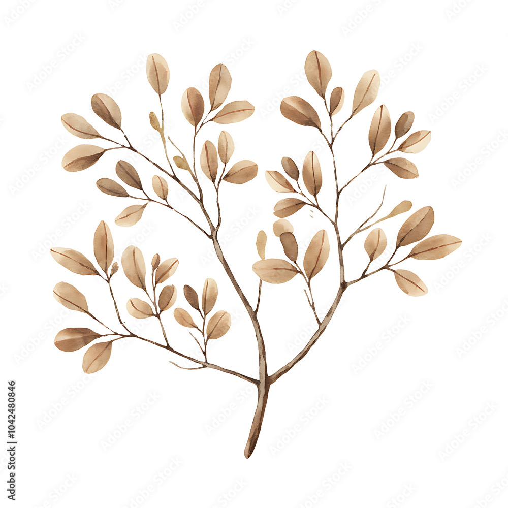 watercolor branch with numerous brown leaves isolated on transparent background watercolor branch with numerous brown leaves isolated on transparent background