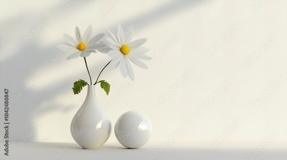 Elegant White Vase with a White Flower and White Ball on a Pure White Background. This serene composition features a minimalist design, showcasing the delicate beauty of a single white flower graceful Elegant White Vase with a White Flower and White Ball on a Pure White Background. This serene composition features a minimalist design, showcasing the delicate beauty of a single white flower graceful