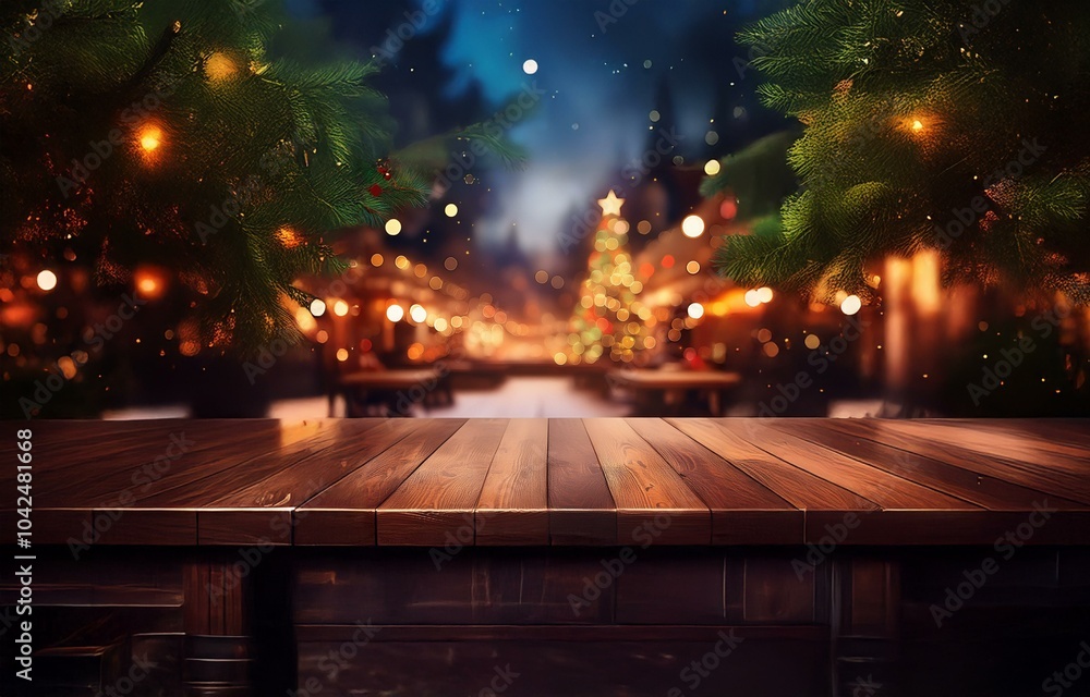 A wooden table top with a festive, blurred background of twinkling lights and evergreen branches. A wooden table top with a festive, blurred background of twinkling lights and evergreen branches.