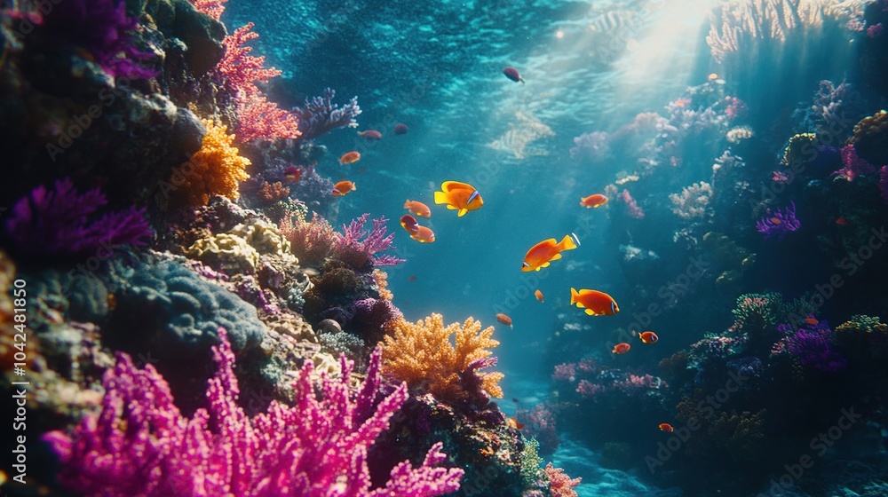 Naklejka premium Vibrant Underwater Coral Scene with Colorful Fish