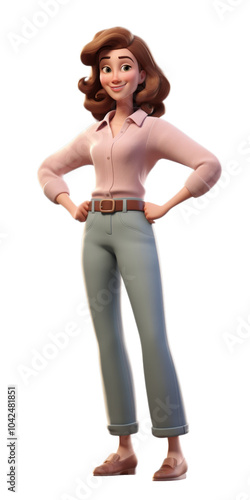 The image showcases a 3D animation character of a confident mom standing with her hands on her waist, wearing a warm smile that reflects her self-assured personality.