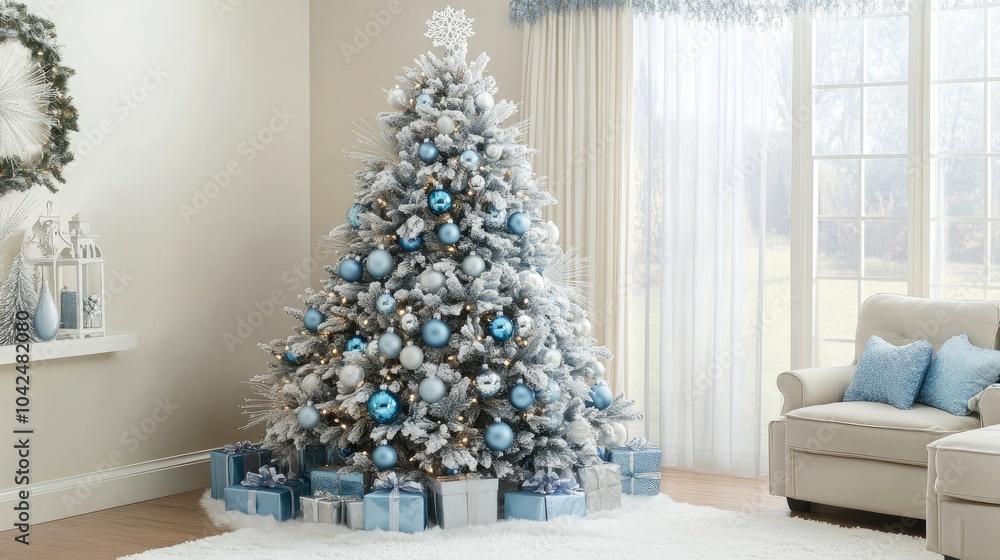 Frosted Christmas Tree with Blue Ornaments and Gifts Frosted Christmas Tree with Blue Ornaments and Gifts