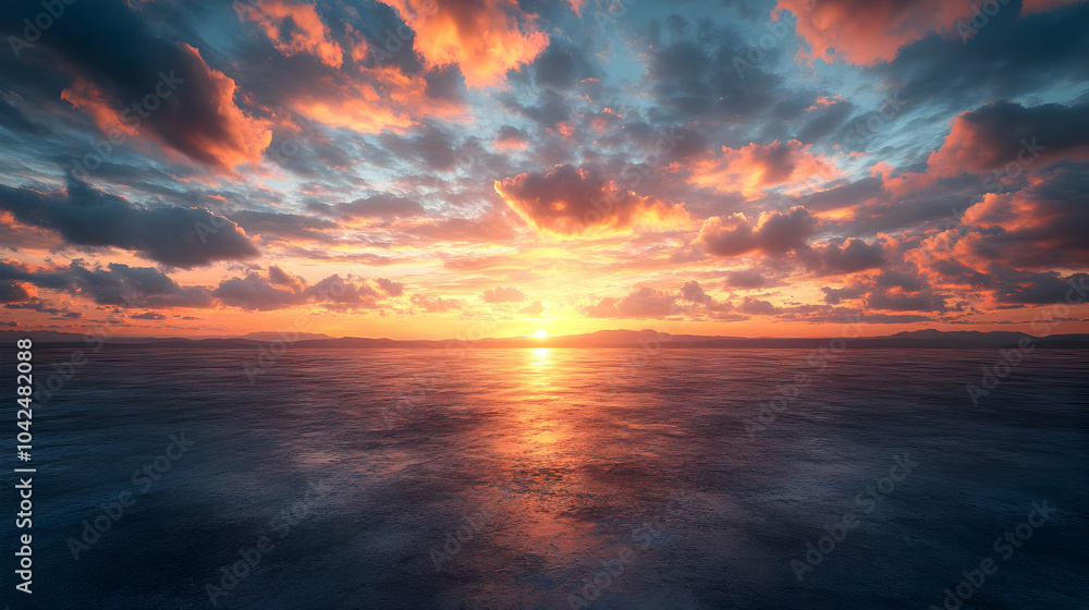 Sunset Over Ocean with Dramatic Clouds - Realistic Image Sunset Over Ocean with Dramatic Clouds - Realistic Image