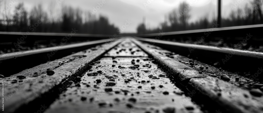 Obraz premium Railway tracks leading into the distance, black and white scenery.