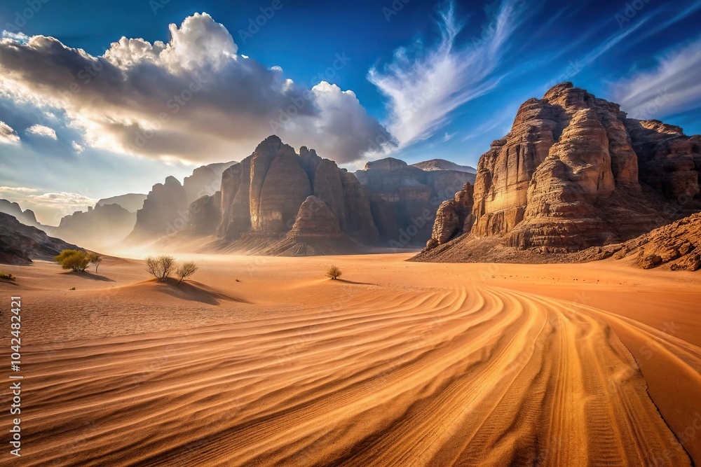 Fototapeta premium Desert landscape with wind-raised dust clouds