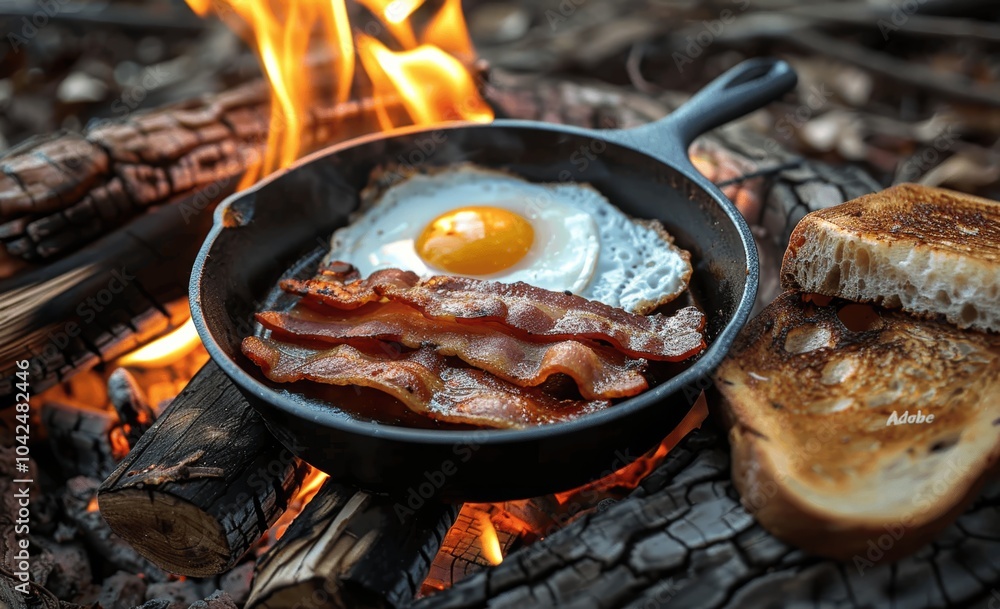 Cast Iron Skillet Bacon and Eggs over Campfire with Toast Cast Iron Skillet Bacon and Eggs over Campfire with Toast