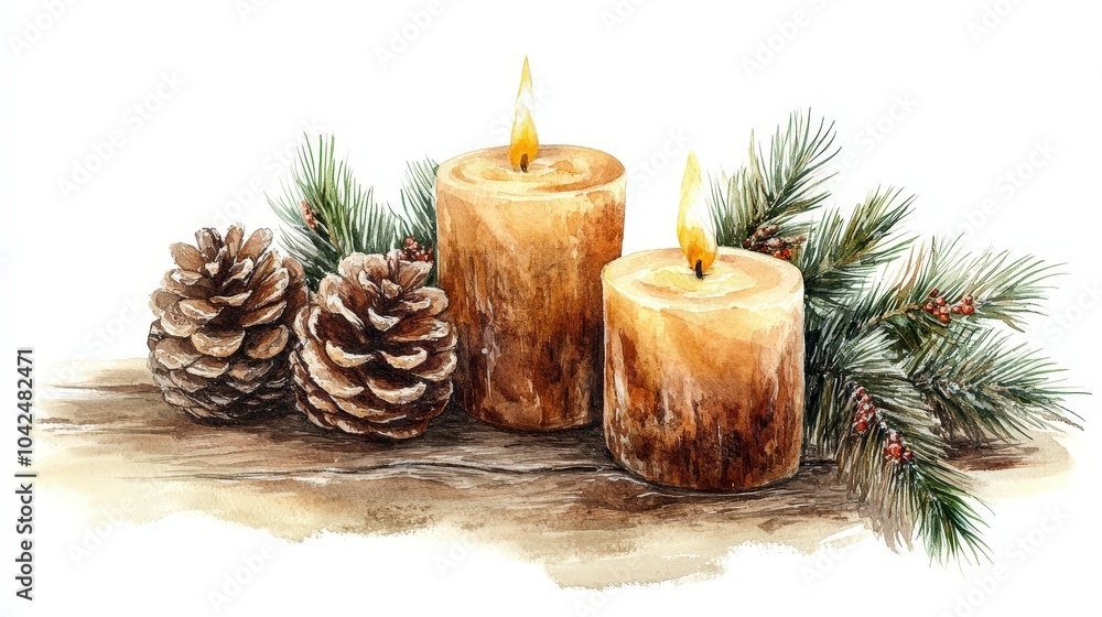Warm Winter Candles with Pinecones and Evergreen Branches Warm Winter Candles with Pinecones and Evergreen Branches