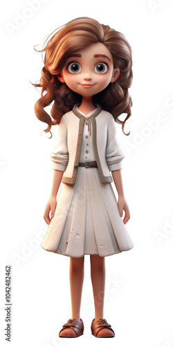 The image features a 3D animation character of a young girl with big eyes and a cheerful smile, standing still against a clear background.