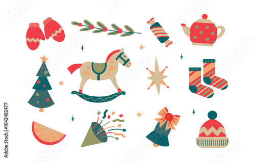 Christmas winter elements set christmas tree, teapot, socks, confetti, rocking horse