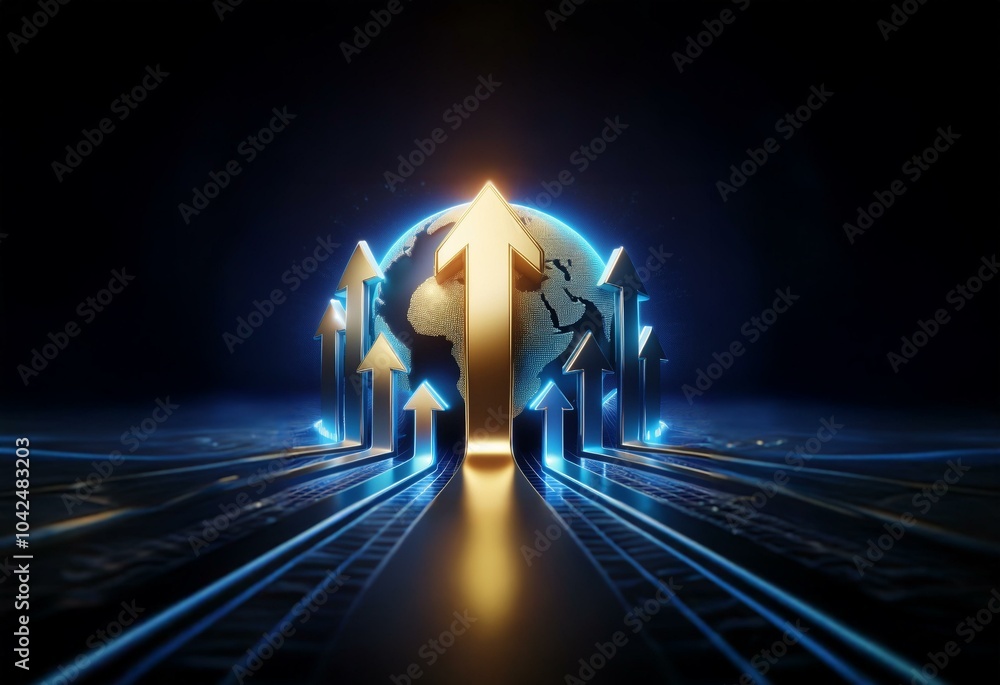 A glowing golden arrow rises above a blue globe surrounded by glowing blue arrows. A glowing golden arrow rises above a blue globe surrounded by glowing blue arrows.