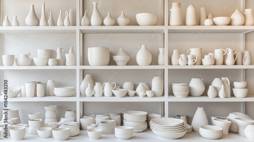 Elegant White Pottery on Display in Modern Setting Elegant White Pottery on Display in Modern Setting