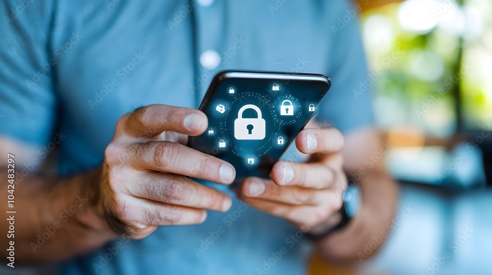 Fototapeta premium Man Holding Smartphone with Lock Icon on Screen Representing Mobile Device Security and Cyber Protection Concept Modern Minimalist Background for Technology Data Privacy and Business Solutions