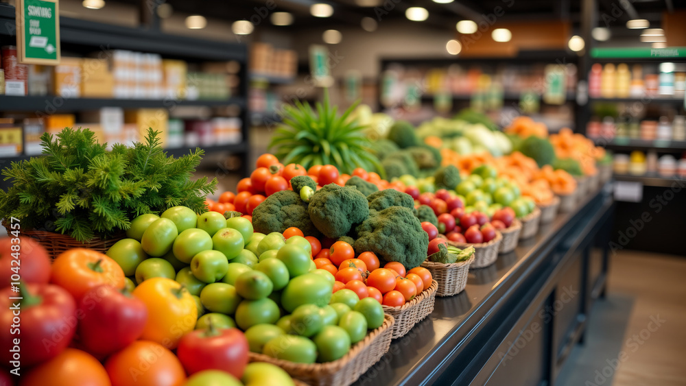 A Vibrant Grocery Store Display Showcasing an Array of Fresh Produce and Healthy Choices A Vibrant Grocery Store Display Showcasing an Array of Fresh Produce and Healthy Choices