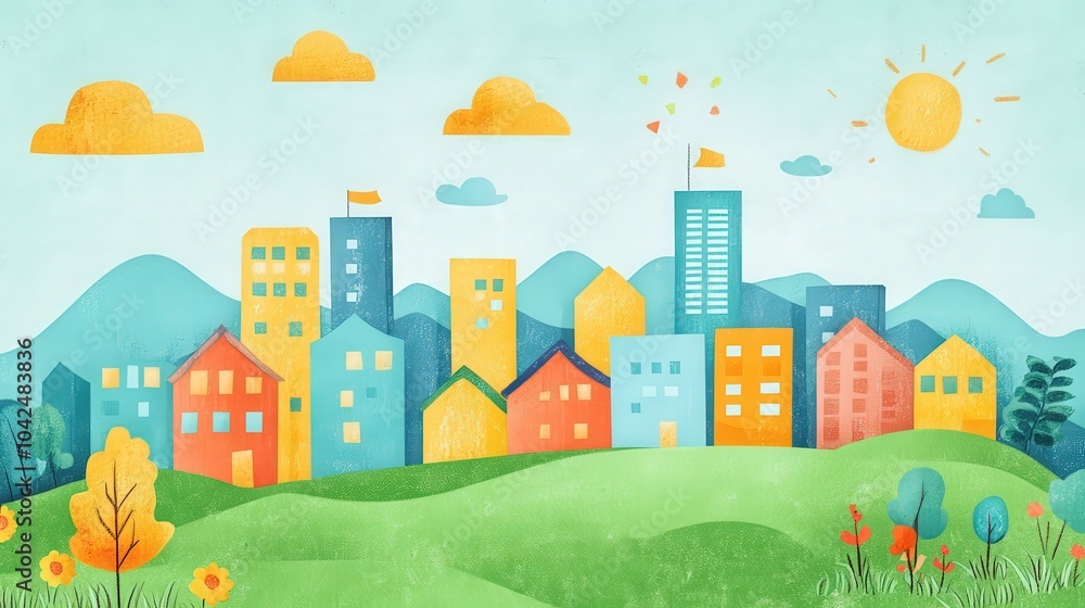 Colorful City Landscape with Sunshine and Clouds Colorful City Landscape with Sunshine and Clouds