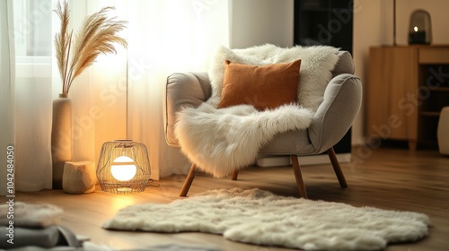 Cozy living room with stylish armchair draped in plush faux fur blanket, elegant decor and warm ambiance, modern luxury comfort concept