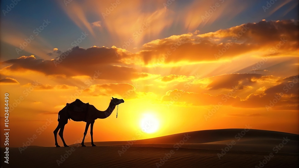 desert sunset with silhouetted camel and orange sky low angle desert sunset with silhouetted camel and orange sky low angle