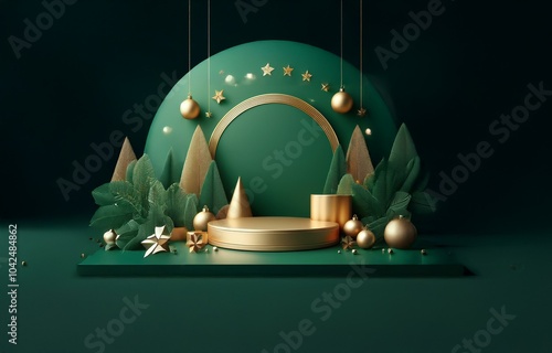 Green background with golden ornaments, a podium, and a geometric design.