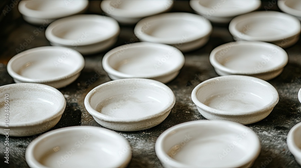 Elegant White Ceramic Bowls on Rustic Surface Elegant White Ceramic Bowls on Rustic Surface