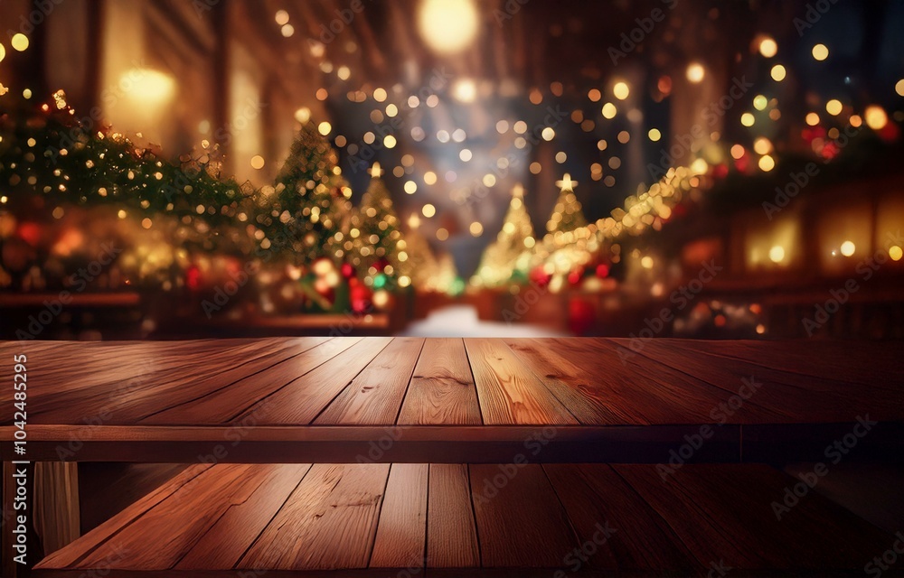 A wooden table sits in front of a background of defocused holiday lights and decorations. A wooden table sits in front of a background of defocused holiday lights and decorations.