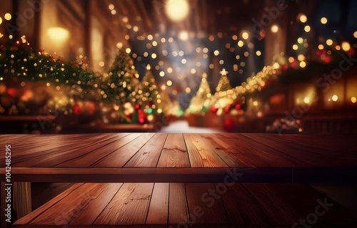 A wooden table sits in front of a background of defocused holiday lights and decorations.