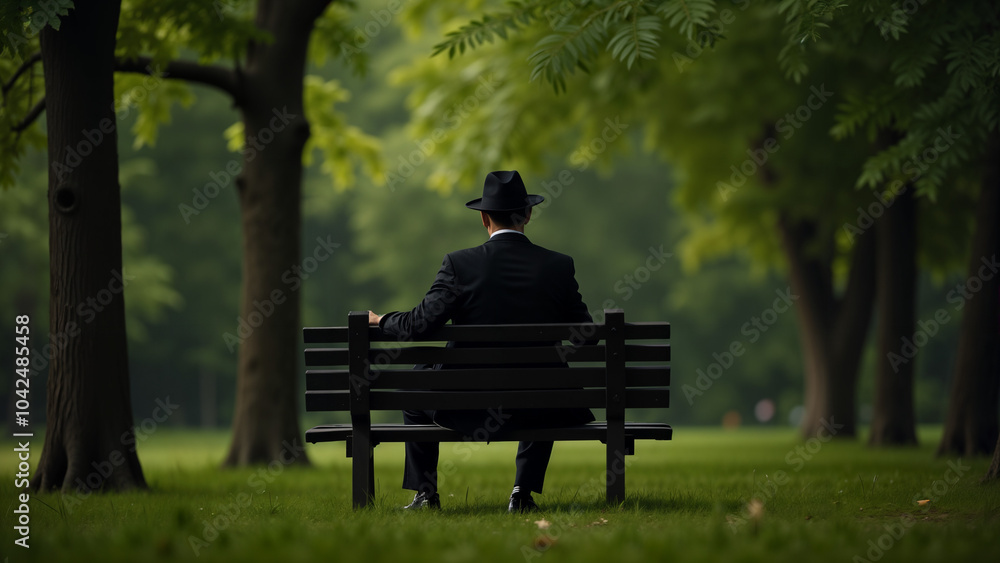 An Elegant Black Suit and Hat Sitting on a Bench Among Lush Trees An Elegant Black Suit and Hat Sitting on a Bench Among Lush Trees