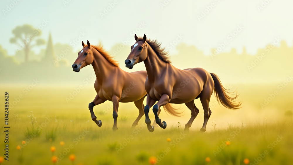 Fototapeta premium A Couple of Horses Galloping Freely Across an Expansive Field Surrounded by Vibrant Grasses and Wildflowers