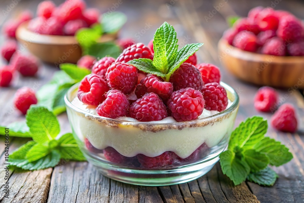 Dessert with raspberries and mint on top with shallow depth of field Dessert with raspberries and mint on top with shallow depth of field