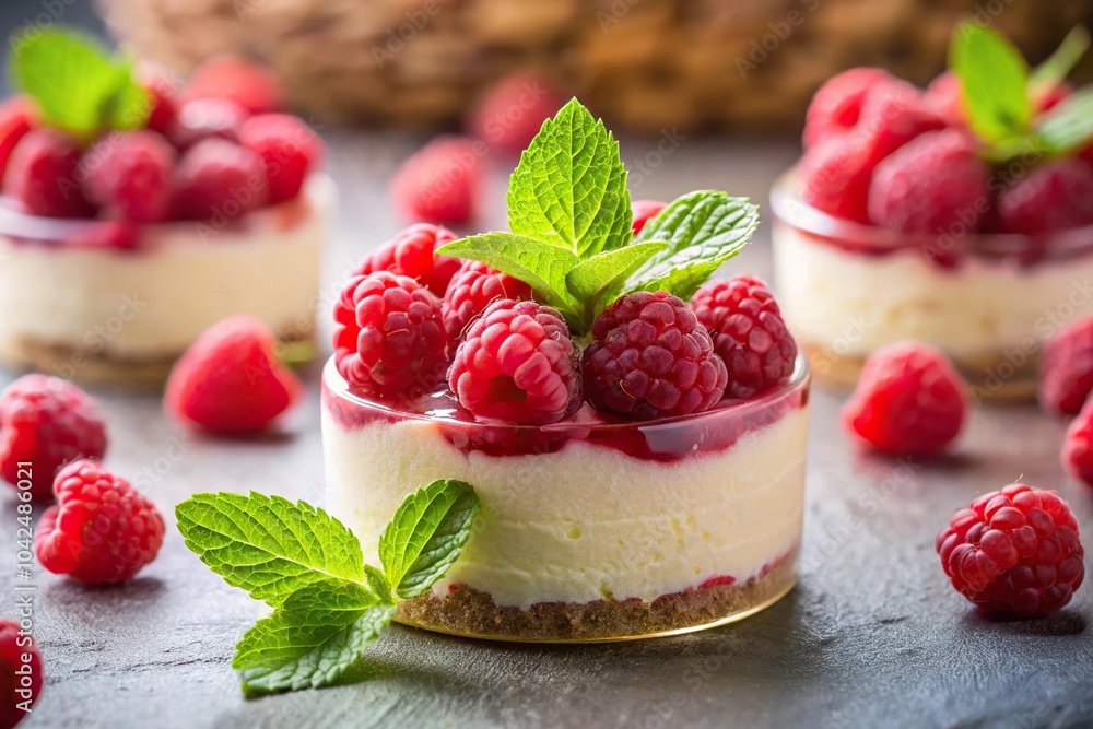Dessert with raspberries and mint on top Dessert with raspberries and mint on top