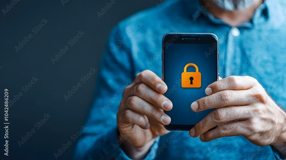 Fototapeta premium Cybersecurity Concept Banner Featuring a Mobile Phone with Lock Symbol Representing Secure Access to Digital Data and Information Illustrating the Importance of Online Security and Protection