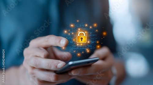 Secure mobile data access represented by a smartphone with a glowing lock icon on the screen held by a person s hand symbolizing cybersecurity and safe digital information photo