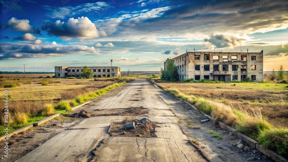 Fototapeta premium Destroyed military base road in the field with crossroad and abandoned buildings silhouette